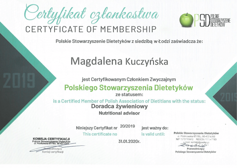 certyfikat członkostwa Polskiego Stowarzyszenia Dietetyków Magdaleny Kuczyńskiej
