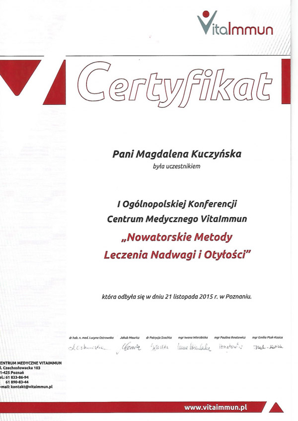 certyfikat Magdaleny Kuczyńskiej od Vitalmmun z ogólnopolskiej konferencji leczenia nadwagi i otyłości