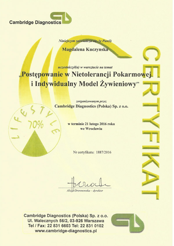 certyfikat Magdaleny Kuczyńskiej od Cambridge Diagnostics, nietolerancje pokarmowe