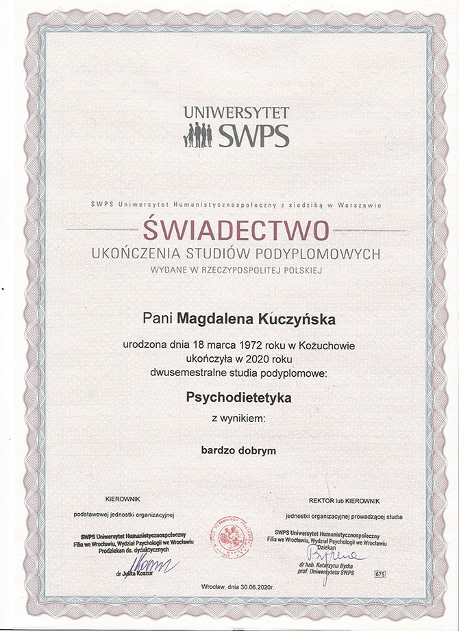 Dyplom Magdaleny Kuczyńskiej ze studiów podyplomowych Psychodietetyki SWPS